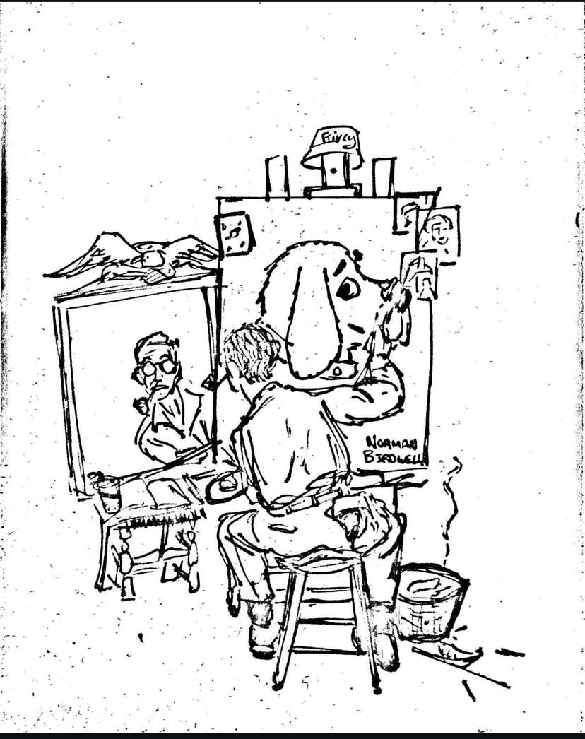 an etching of norman birdwell in the style of norman rockwell