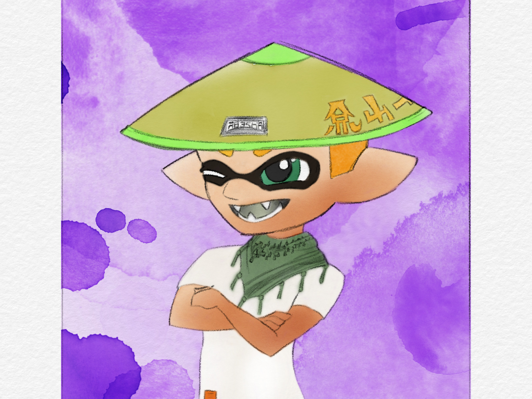 a splatoon inkling wearing a bamboo hat